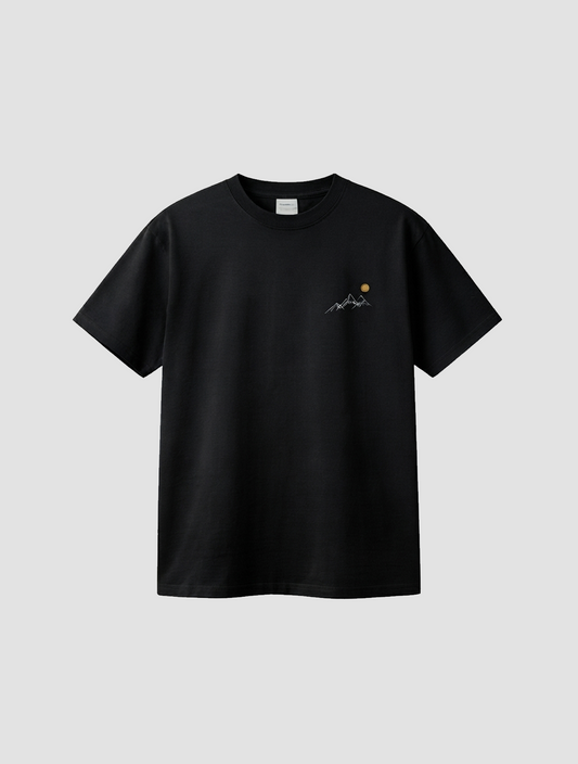 Sunrise Mountain Line Art Black T-Shirt